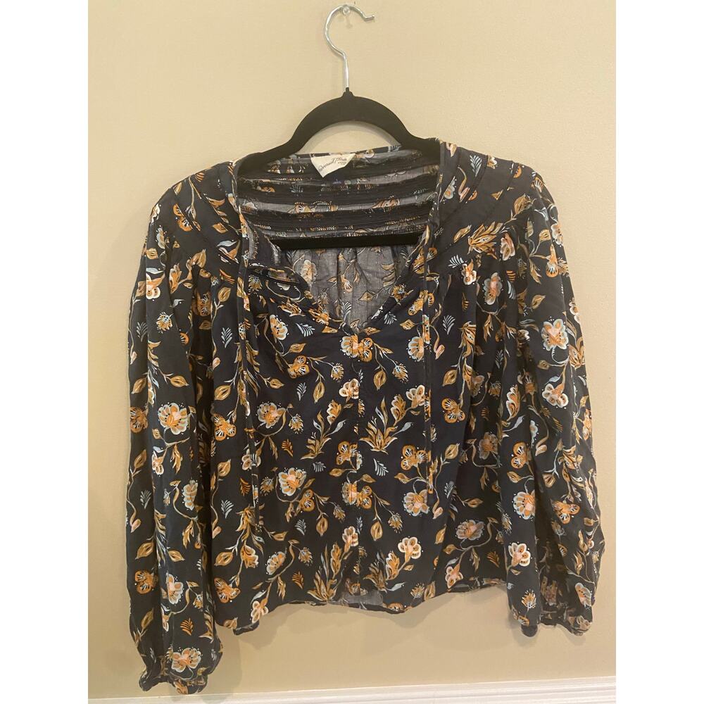 Womens S Floral Print Cotton Navy Blue Peasant Blouse EUC